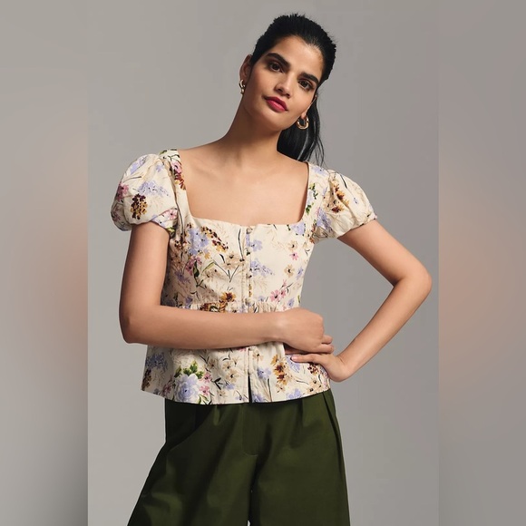 NWT Size S - By Anthropologie Puff-Sleeve Peplum Top (100% Cotton) - Picture 3 of 12